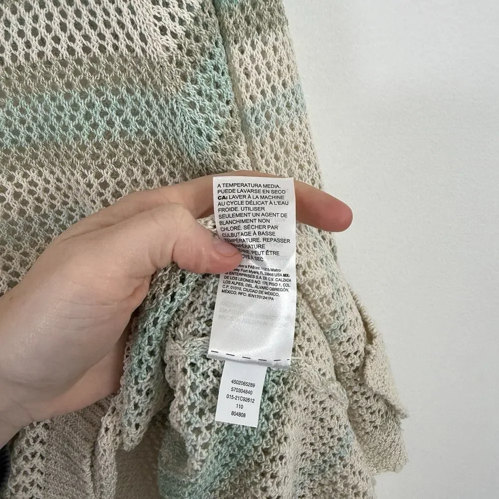 Chicos Open Knit Marlene Pullover Sweater Cream Green Striped‎ Womens 4 US XXL